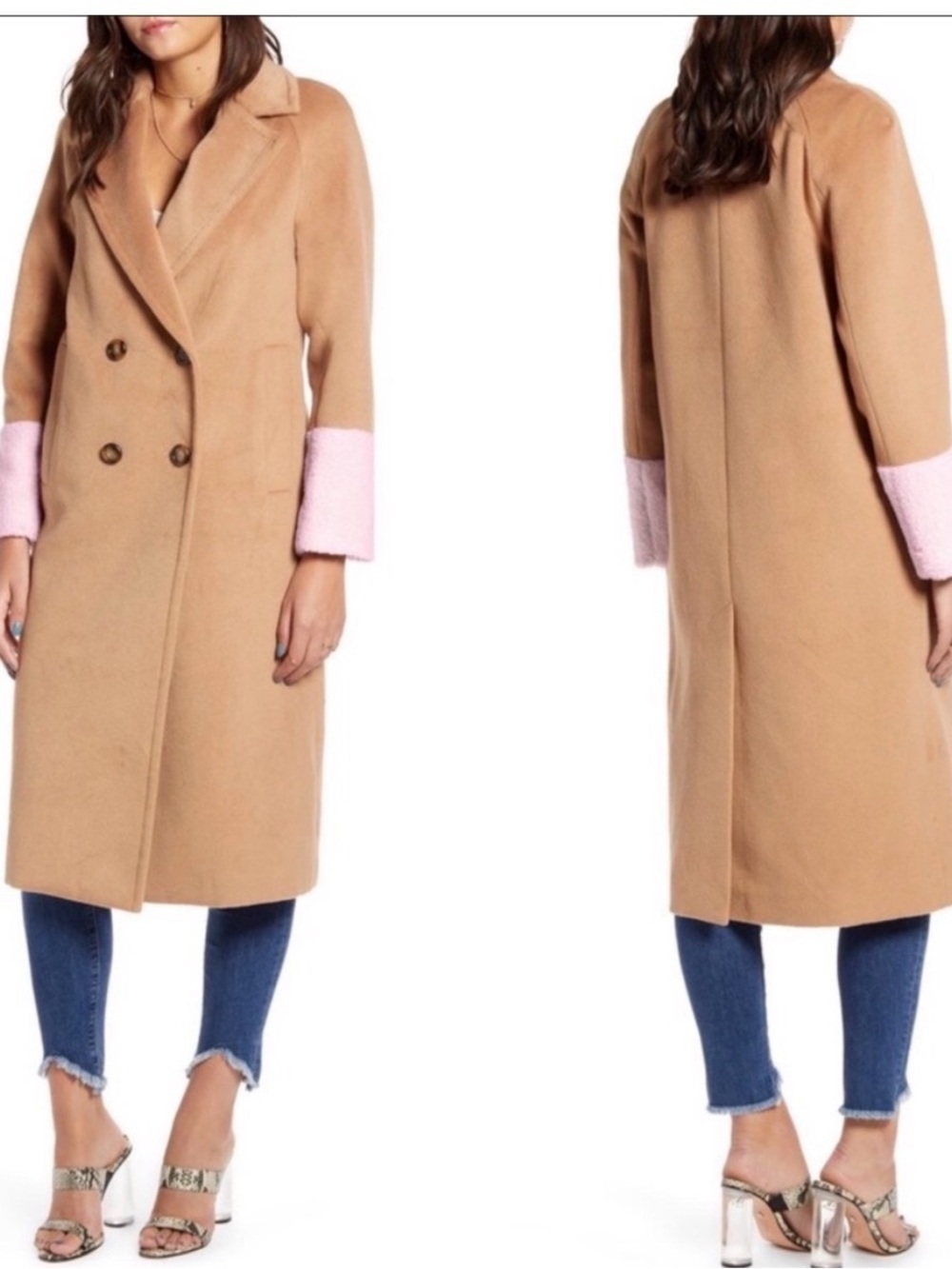 Mural Camel Trench Coat with Pink Cuff Accents